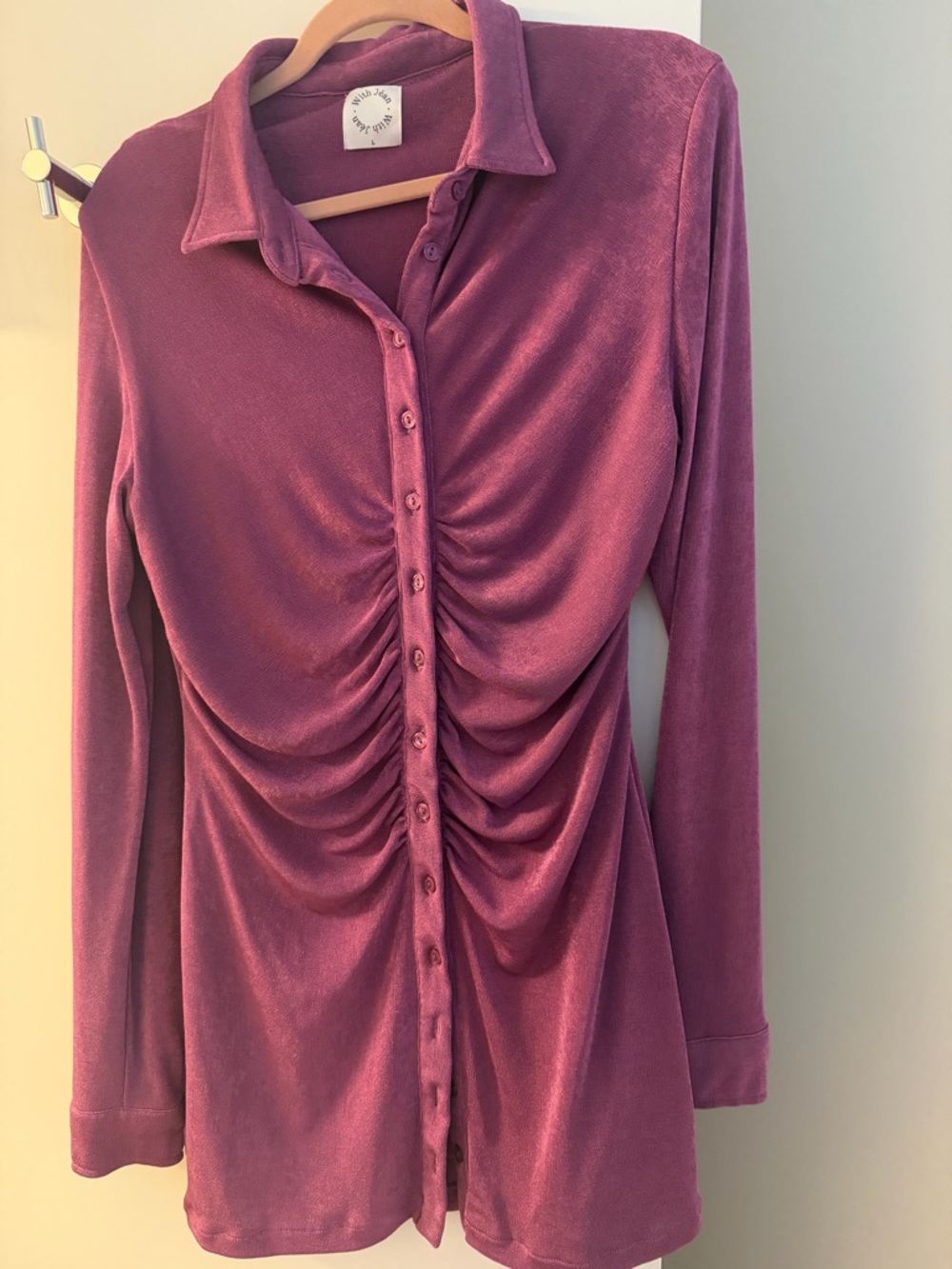 With Jean Ruched Button-Front Long Sleeve Top in Mauve Pink